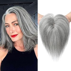 REECHO Real Human Hair Toppers with Bangs - 6 Inch Clip In Wig Toppers for Thin Hair - Grey