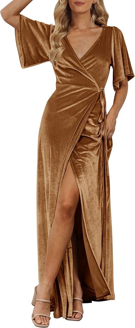 MEROKEETY Women's V Neck Wrap Velvet Maxi Dress Bell Sleeve Split Bridesmaid Cocktail Party Dresses, Golden, X-Large