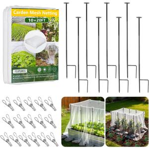Metal Garden Netting Kit, 8 Pack 2.7ft Sturdy Outdoor Raised Beds Garden Stake Netting Support with 10' 20' Durable Fine Insect Netting for Garden &16pcs Fixing Clips Plant Covers Set Pest Barrier