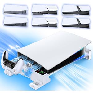 PS5/Slim/Pro Horizontal Stand with Cooling Fan & Charger for Original & Edge Controllers, Scalable Design PS5 Accessories Base with EVA Foams for All PS 5 Disc & Digital, PS 5 Sideways Stand White