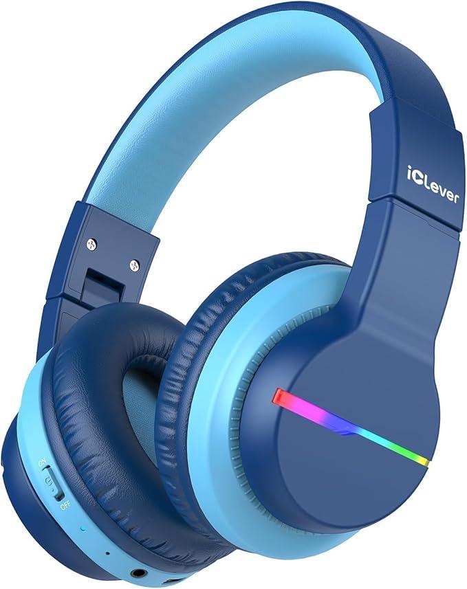 IClever BTH12 Kids Bluetooth Headphones,Colorful LED Lights Kids Headphones Wireless,74/85dBA Safe Volume,85H Playtime,Fast Charging,Bluetooth 5.2,Over Ear,Builtin Mic for iPad/Tablet/Airplane,Blue