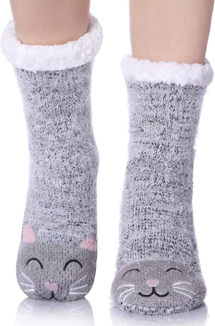 MQELONG Womens Super Soft Cute Cartoon Animal fuzzy Cozy Non-Slip Winter Slipper Socks (Gray Cat)