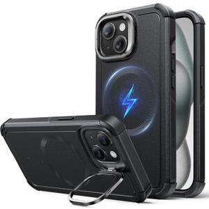 ESR for iPhone 15 Phone Case with Stand, 23ft Military-Grade Drop Protection Heavy Duty Magnetic Phone Case, Compatible with MagSafe Accessories, Cyber Series, Black