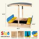 Wooden Sandbox with Cover Lid Adjustable Canopy Foldable Bench Seat Bottom Liner Large Sand Pit Aged 3-12 Outdoor 48x48 Inch Sand Box for Patio Garden Backyard Multicoloured