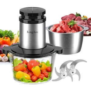 KingAcc Food Processor, 8-Cup 500W Meat Grinder & Mini Electric Vegetable Chopper with Copper Motor, 2 Blades & Dual Bowls (Glass+Stainless Steel), Overheat Protection for Baby Food/Meat/Home Kitchen