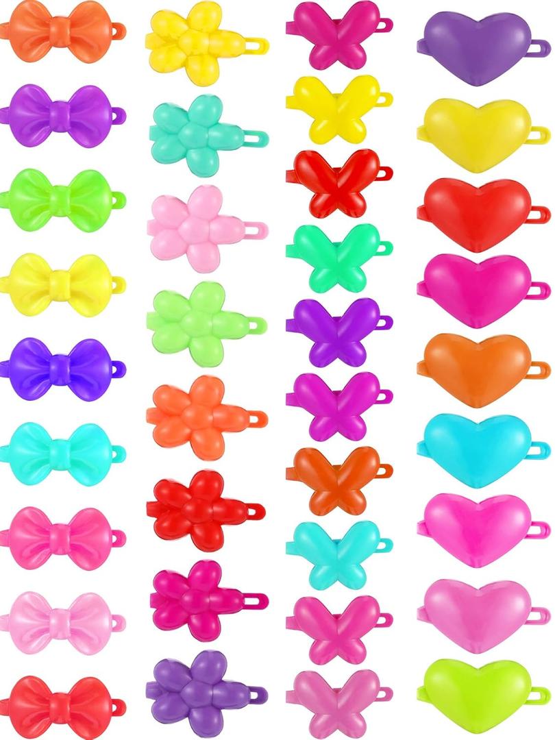 WILLBOND 100 Pieces Girls Hair Barrettes Self Hinge Plastic Clip Toddler Kids Baby 80s 90s Clip Colorful Cute Cartoon Hair Pin Accessories(Butterfly, Plum Blossom, Bow, Heart-shaped)