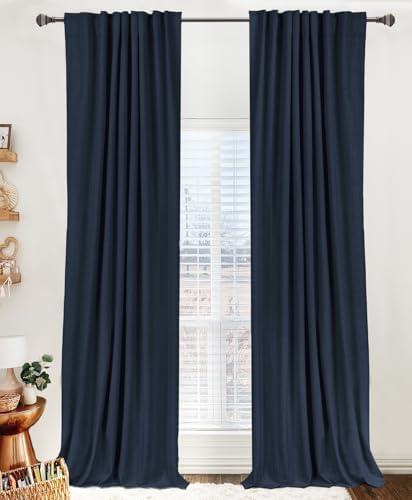100% Blackout Shield Linen Blackout Curtains for Bedroom 108 Inches Long, Back Tab/ Rod Pocket Living Room Drapes, Thermal Insulated Blackout Curtains 2 Panels Set, 50" W x 108" L, Navy