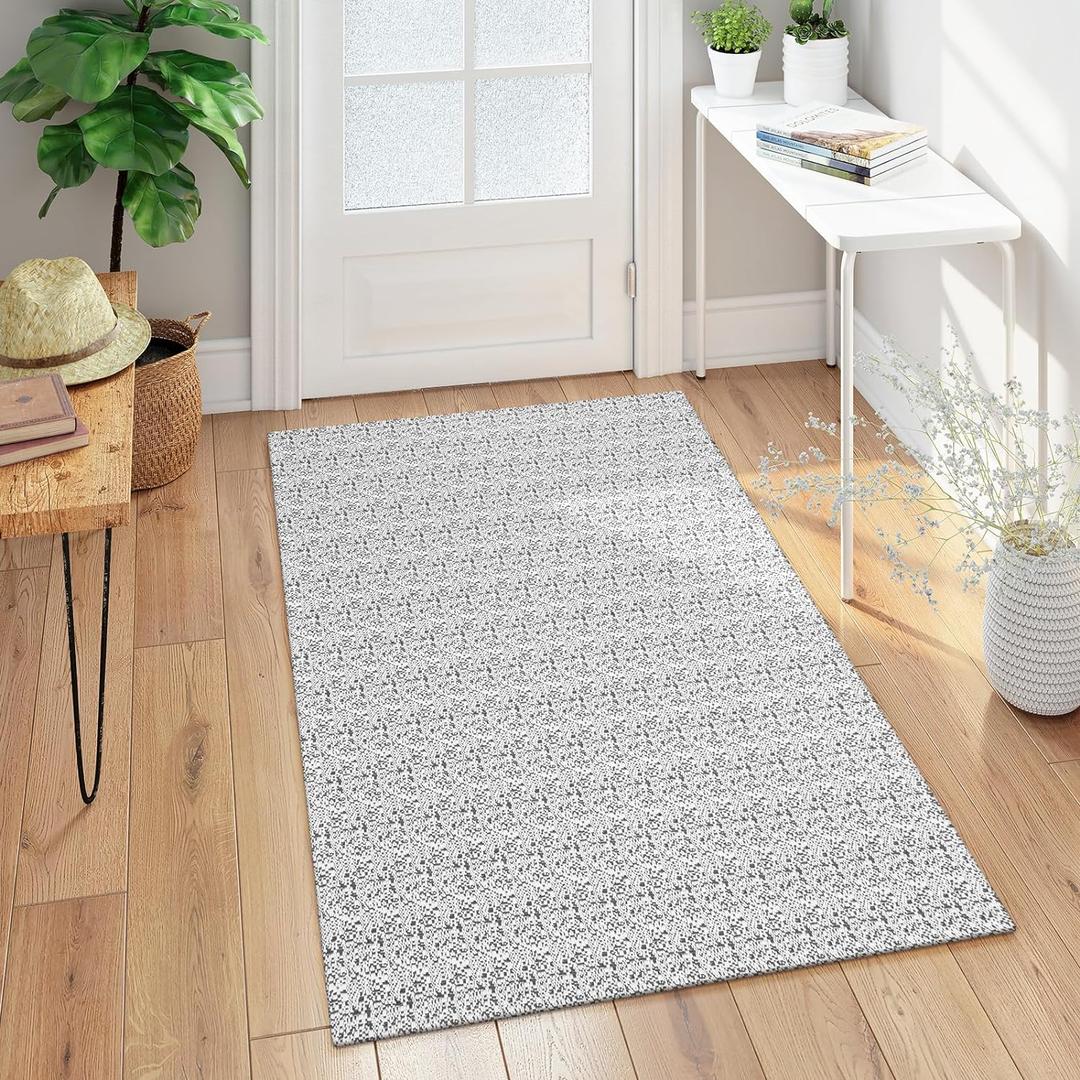 Collive Boho Washable Area Rugs 3x5 Kitchen Area Rugs Rubber Backed Woven Braided Carpet Non-Slip Farmhouse Bedroom Rugs Gray Indoor Front Door Rugs for Entryway Bathroom Balcony (Grey)