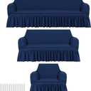 3 Pcs Sofa Slipcover Set for Couch Cushion Durable Washable High Elastic Stretchable Furniture Couch Covers with Skirt for Sofa Loveseat Arm Chair(Navy Blue, Seersucker)