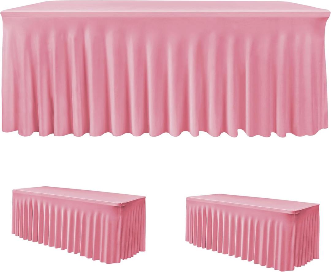 2 Pack Spandex Table Skirts for 6 ft Folding Table, Stretch Rectangle Tablecloth for Wedding, Banquets, Parties, Pink, 29x90 Inch 