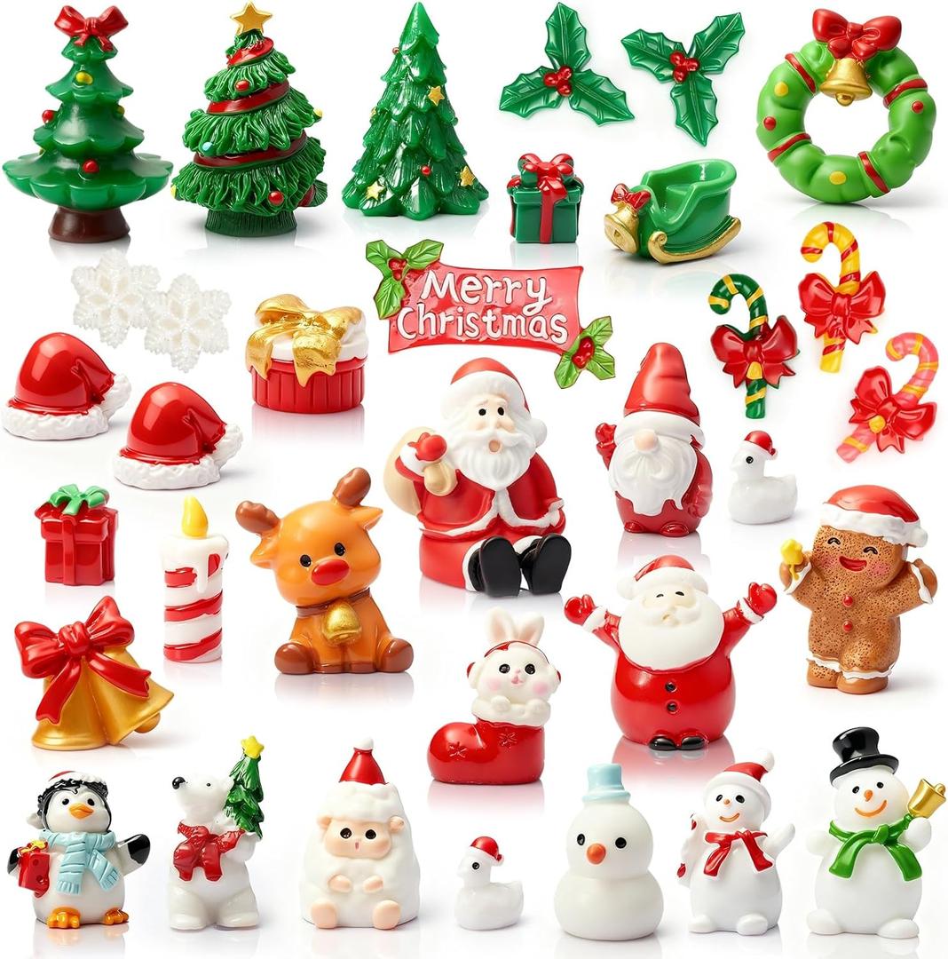 32PCS Christmas Figurines Mini Resin Figures to Hide and Seek Santa Claus Snowman Xmas Trees Animals Miniatures for Party Favors Bag Fillers DIY Decorations