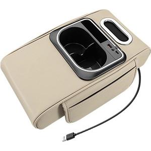 Universal Car Armrest Box Height Increasing Pad, Multifunctional Storage Box with Tissue Holder, Cup Holder, USB Charging Port (Beige)