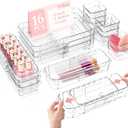 DILIBRA 16 Pcs Clear Extendable Drawer Organizer, Adjustable Drawer Storage 3-Size Desk Drawer Organizer, Plastic Non-Slip Storage Bins for Makeup, Cosmetic, Jewelries, Utensils, Stationery, Dressers
