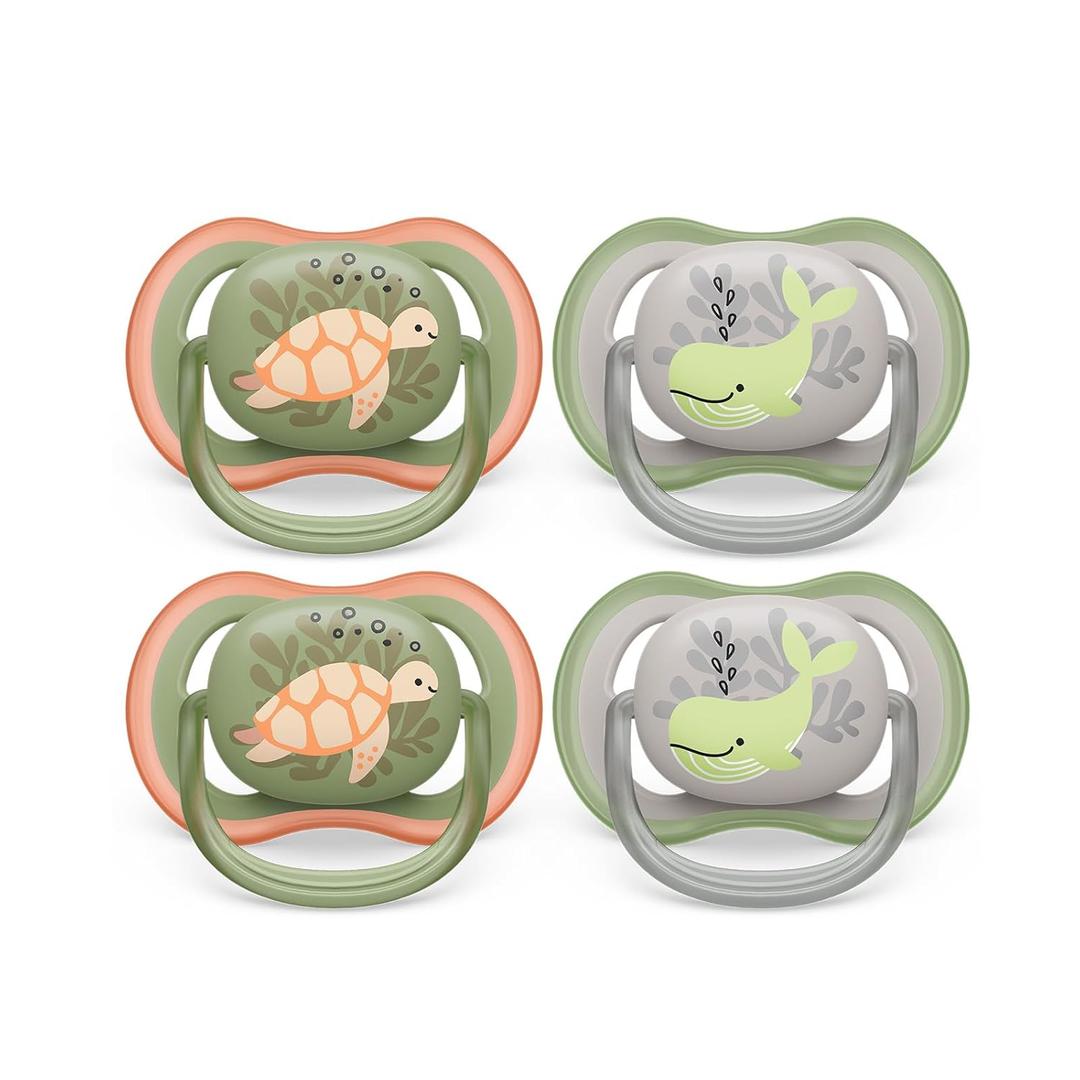 Philips Avent Ultra Air Pacifier - 4 x Light, Breathable Baby Pacifiers for Babies Aged 6-18 Months, BPA Free with Sterilizer Carry Case, SCF085/53 (Orange Turtle / Green Whale)