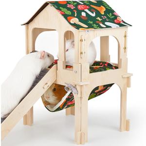 Bienbee Guinea Pig Hideout, Large Wooden Guinea Pig Castle with Stair, Hammock and Mat, Detachable Double-Decker Guinea Pigs House for Bunny Hamster Chinchilla Ferret Rabbit Guinea Pigs Accessories