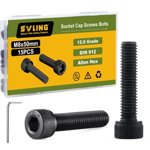 M8-1.25 x 50mm Bolt, 15PCS M8 Hex Socket Head Cap Screws Bolts, 12.9 Grade Alloy Steel, Full Threads, Allen Socket Drive, with Hex Spanner (Black)