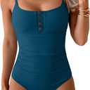 B2prity One Piece Swimsuit for Women Tummy Control Retro Bathing Suit Button Up Slimming Swimwear (Blue, XL)