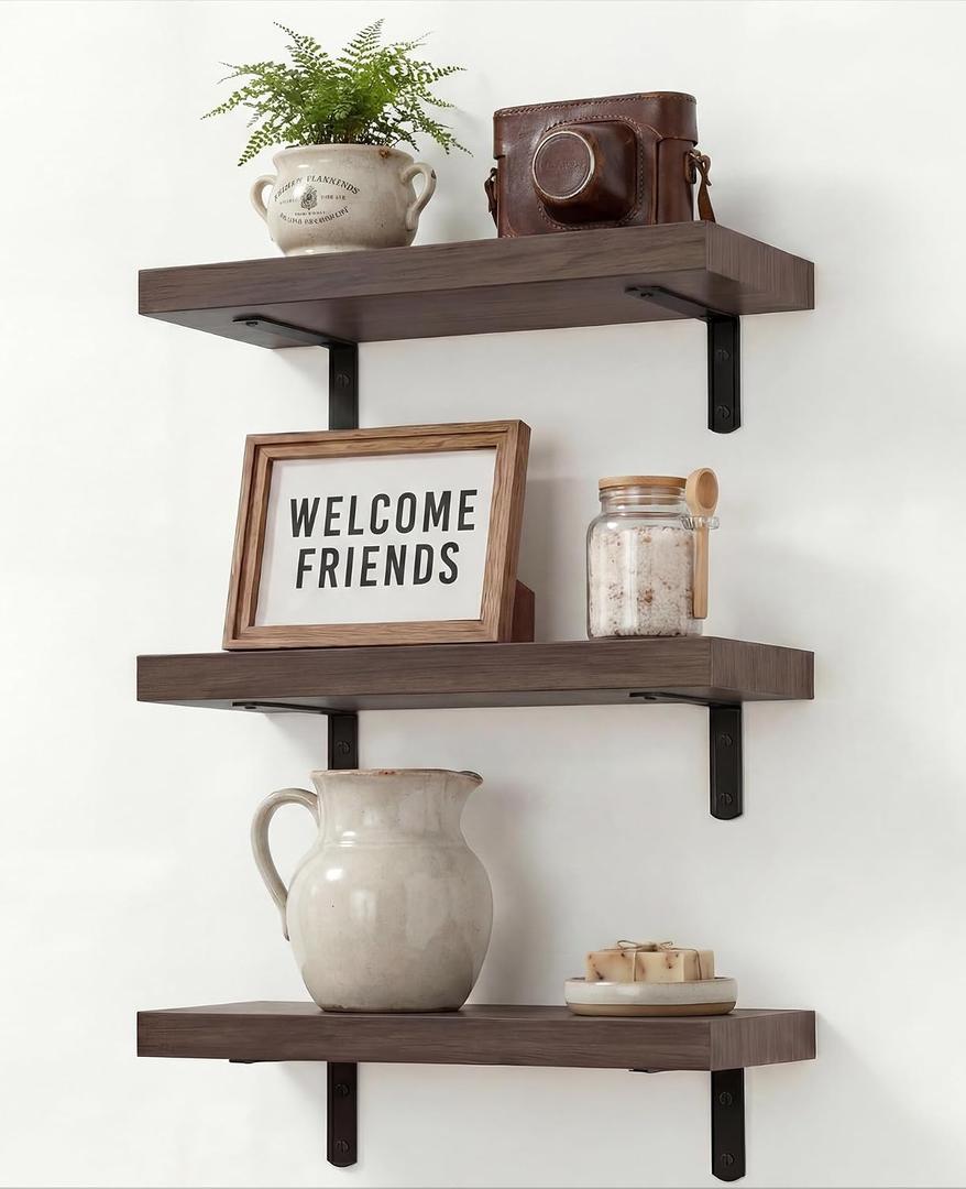 LifetimeWarranty Easy Install Wall Shelves with Brackets,15.7 Inch Wall Mounted Wood Floating Wall Shelf, Small Wall Shelf for Storage&Home Decor, Living Room,Kitchen,Office,Book Corner Shelf,Set of 3