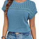 Blouses for Women Summer Short Sleeve Crewneck Dressy Shirts Casual Waffle Knit Hollow Out Tunic Tops, Size: M