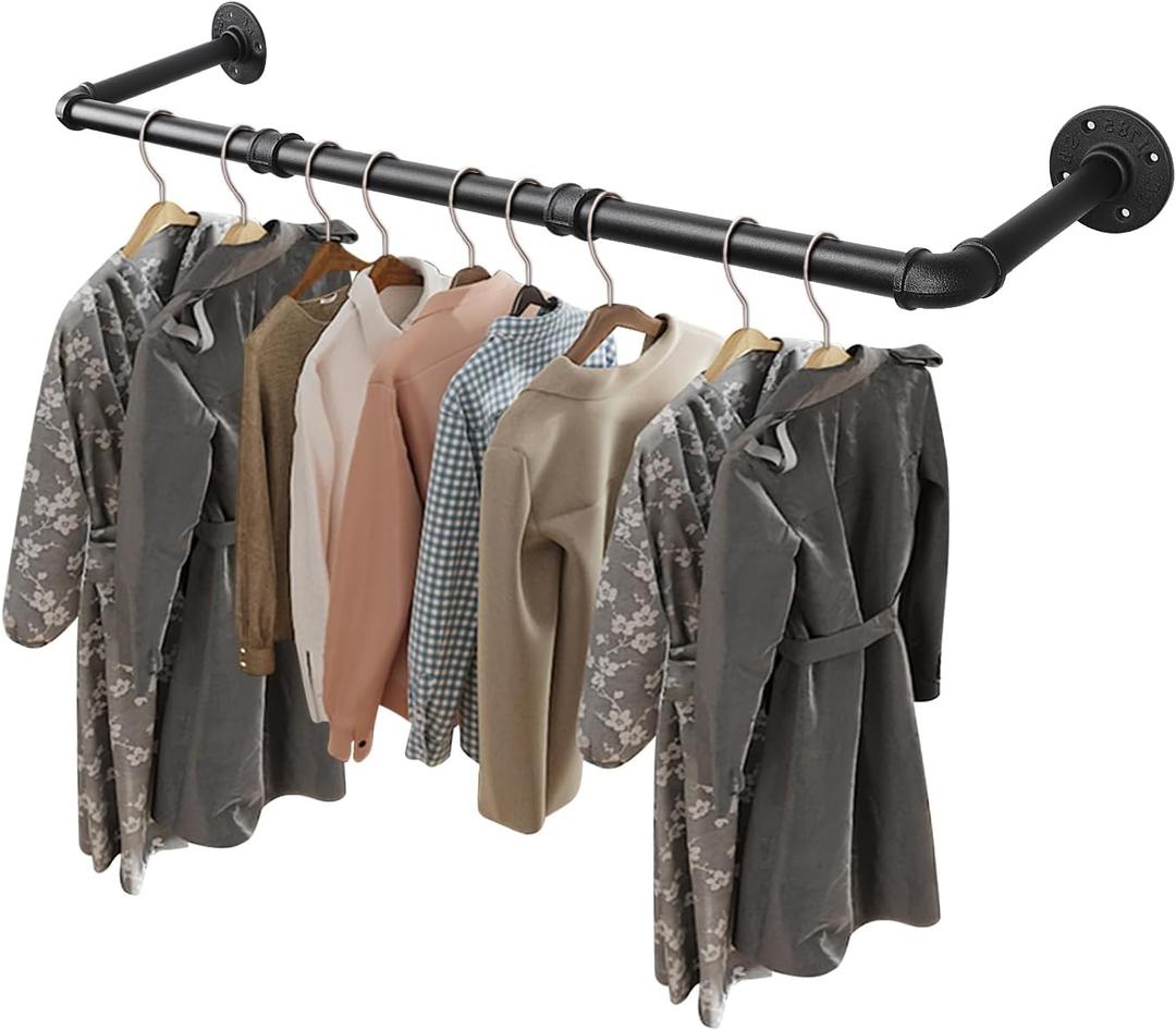 Livabber Industrial Pipe Clothes Rack, Heavy Duty Detachable Iron Garment Rack Wall Mounted, Rustic Saving Space Clothes Bar Multi-Purpose Hanging Rod for Bedroom, Closet, Black (36 Inch)