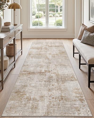 DEXI 2x7 Abstract Runner Rug for Hallway Washable Non Slip Backing, Khaki | Low Pile 7ft Runners Rugs, Stain Resistant, Thin Floor Mat for Entryway, Bedroom, Kitchen and Laundry Room, Modern Home Decor