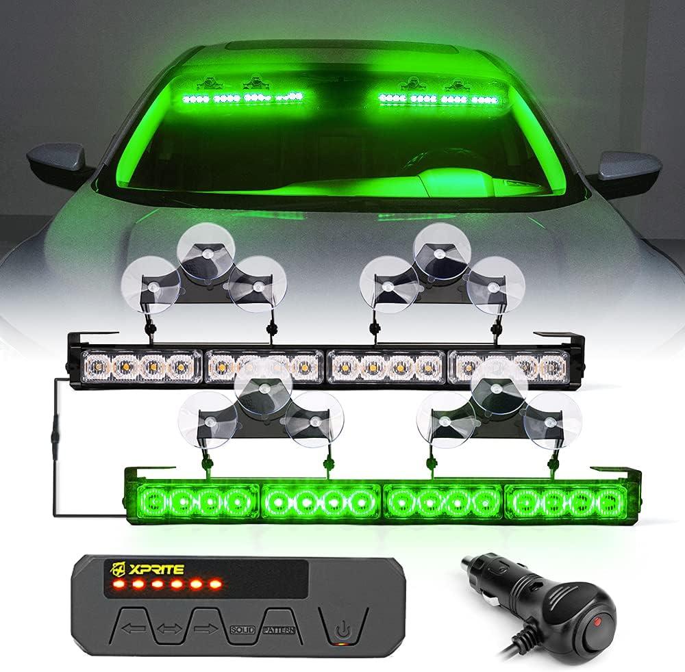 Xprite LED Emergency Traffic Advisor Dual Strobe Light Bar, w/Control Box Front Rear Windshield Visor Deck Safety Hazard Warning Flashing Lightbars, for Construction Vehicles Semi Trucks Car - Green
