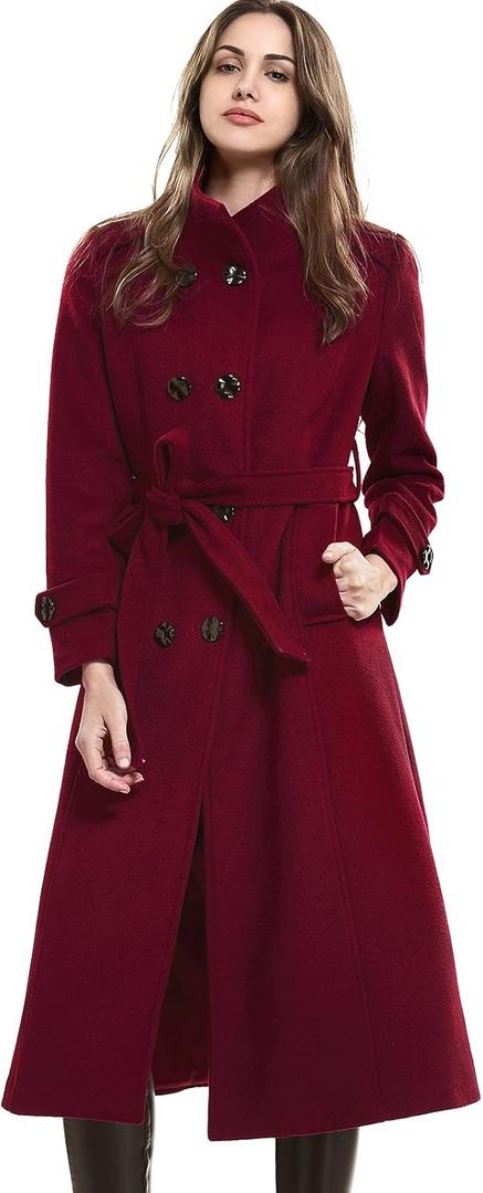 Escalier Women's Wool Trench Coat Winter Double-Breasted Jacket with Belts (Medium, Red)