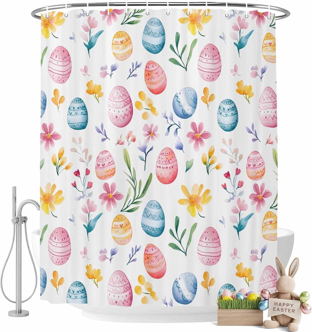 Easter Shower Curtains for Bathroom Easter Eggs Spring Stall Shower Curtain Set Waterproof Polyester Bathroom Curtains Floral Leaves Bathtub Decorations 72x72 Inch