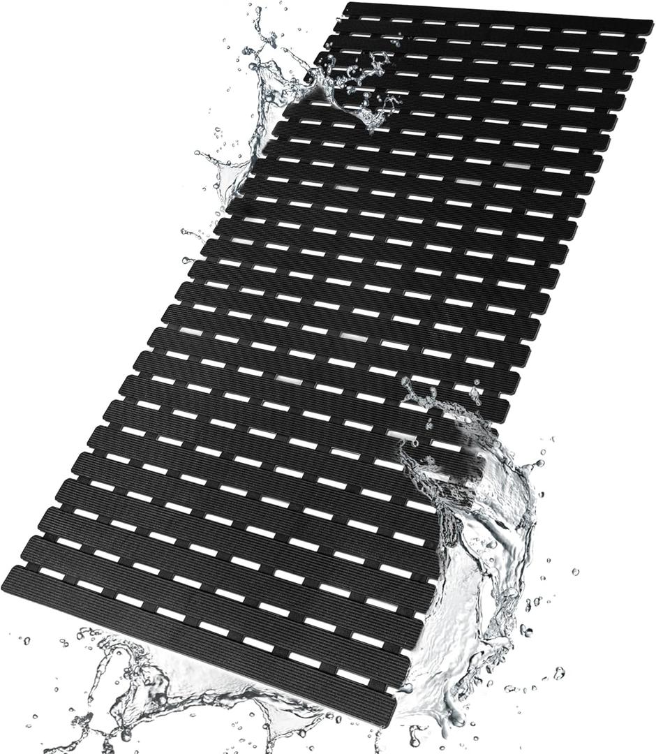 BEMISO Shower Mat Non Slip Bathtub Mat with Suction Cups and Drain Holes 37.4 x15.7 Inch Bath Mat for Tub & Shower.Easy Dry,Easy to Cut,Eco-Friendly (Black)