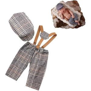 Newborn Monthly Baby Photo Props Stripe Checked Flat Cap Newsboy Suspender Pants Romper for Photography Outfits (Brown, XS)