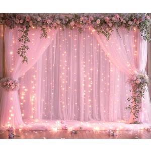 20ft X 8ft Pink Tulle Backdrop Curtains with Lights String for Parties Baby Shower 4 Panels Pink Sheer Photo Booth Props Backdrop Curtains for Birthday Party Christmas Photo Shoot Home Decorations
