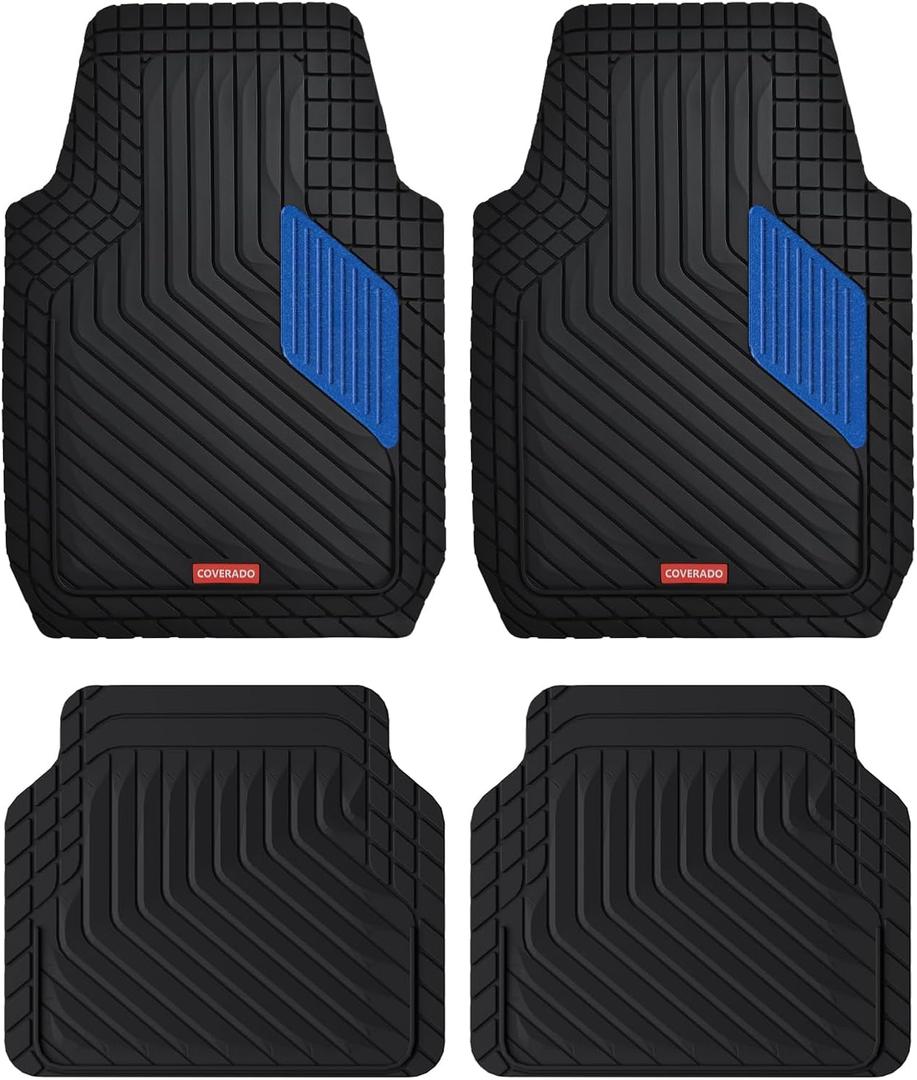 Coverado Car Floor Mats Full Set – Heavy-Duty PVC Floor Mats with Metallic Heel Pad, All-Weather Protection for Front & Rear, Non-Slip Backing, Easy-Clean Interior Liners, Blue
