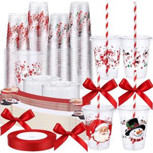 60 Pcs 12 oz Christmas Plastic Cups Bulk with Lids Sleeves and Straws Snowman Santa Claus Plastic Cups Xmas Disposable Clear Mugs Party Favor Holiday Birthday Wedding Party Supplies