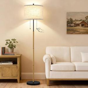 Luvkczc Floor Lamp, 62" Standing Lamp Tall Lamp with Fabric Lampshade&Pull Chain Corner Floor Lamps for Living Room, Bedroom,Office, Wood Grain 2 Bulb Socket