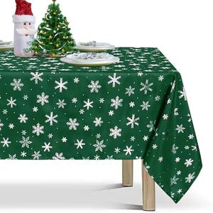 LUSHVIDA Christmas Tablecloth Rectangle - Green 60x120 inch Snowflakes Foil Print Pattern Washable Wrinkle Resistant Holiday Tablecloths for Christmas Family Gathering, Dining Room Table 130GSM