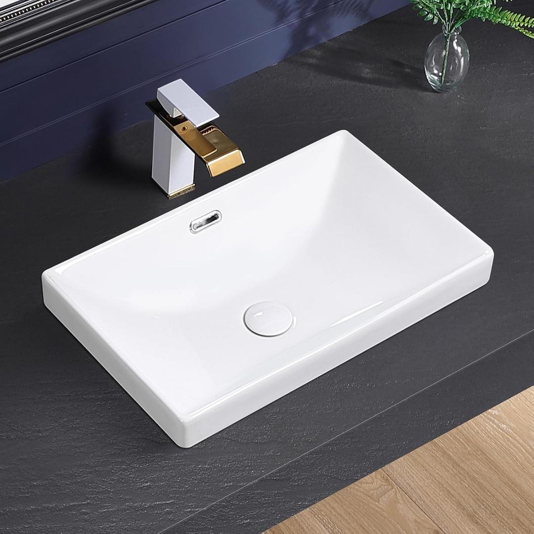 Semi Recessed Bathroom Sink 21"x13" Vessel Sink Drop-in White Porcelain Ceramic Modern Rectangular Sinks Basin Vanity Sinks with Overflow for Bathrooms