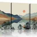 Framed Boho Mountain Landscape Wall Art Set of 3-Canvas Prints, with Sunset and Lake Pictures posters Modern Minimalist painting Living Room, Bedroom, Office Ready to Hang 12x16Inch