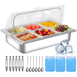 Countertop Ice Food Serving Display Tray with 6 Pan, Portable Salad Bar Buffet Station for Home, Cold Food Buffet Server, Ice Serving Trays for Parties, Pizza Topping Station Cooling Trays for Food