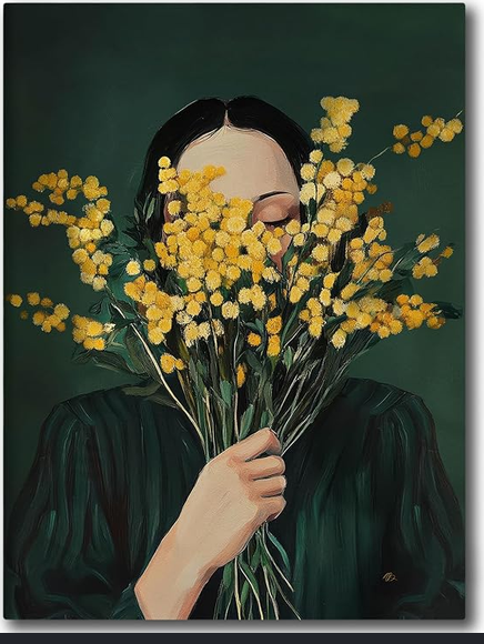 UCRAASDEB Emerald Green Abstract Feminine People Wall Art, Girl with Flowers Minimal Japandi Female Abstract Canvas Prints, Retro Female Portrait Aesthetic Decor for Bedroom Apartment Dorm 24'' x 16''