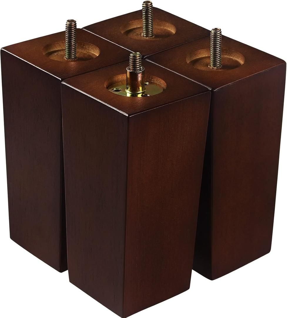 Couch Legs for Furniture Set of 4, Pyramid Square Wooden Furniture Legs 6 Inch, Mid Century Modern Brown Color Sofa Legs Replacement for Ottoman, Chair, Dresser, Coffee Table, Armchair, Settee