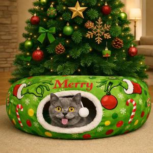 Christmas Cat Bed Tunnel 3ft x 3ft x 9.8in Lime Green Under Christmas Tree Cat Donut Tunnels for Indoor Kitten Plush Toy Collapsible 3 Way Xmas Gifts for Small Kitty, Grinch style 