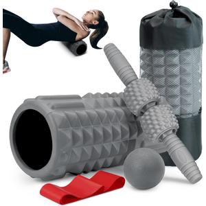 5-in-1 Foam Roller Set, Massage Roller Stick, Massage Ball, Resistance Band for Deep Muscle Massage, Trigger Point Release, Pilates, Yoga (Grey)