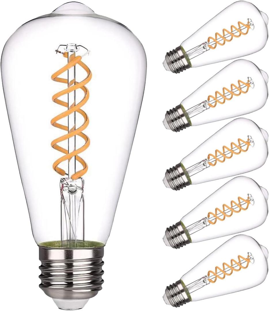 6 Pack ST19 ST58 Edison Bulb, Vintage LED Filament Bulb,Softy White 2700K, Antique Flexible Spiral LED Filament Light Bulb, Dimmable 600LM, 6W Equivalent to 60W, E26 Base,Clear Glass