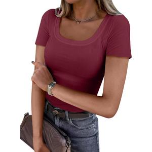 ANRABESS Women Short Sleeve Tops Scoop Neck Ribbed Knit Slim Fitted Basic Tee Shirts Casual Summer Clothes 2025 Fall Outfits (Red, M)