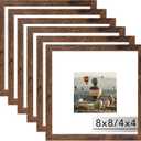 8x8 Picture Frame Set of 6 for Wall Hanging or Tabletop, Display 4 x 4 with Mat or 8 x 8 without Mat, Wood Square Photo Frames Bulk, 6 Pack, Deep Brown