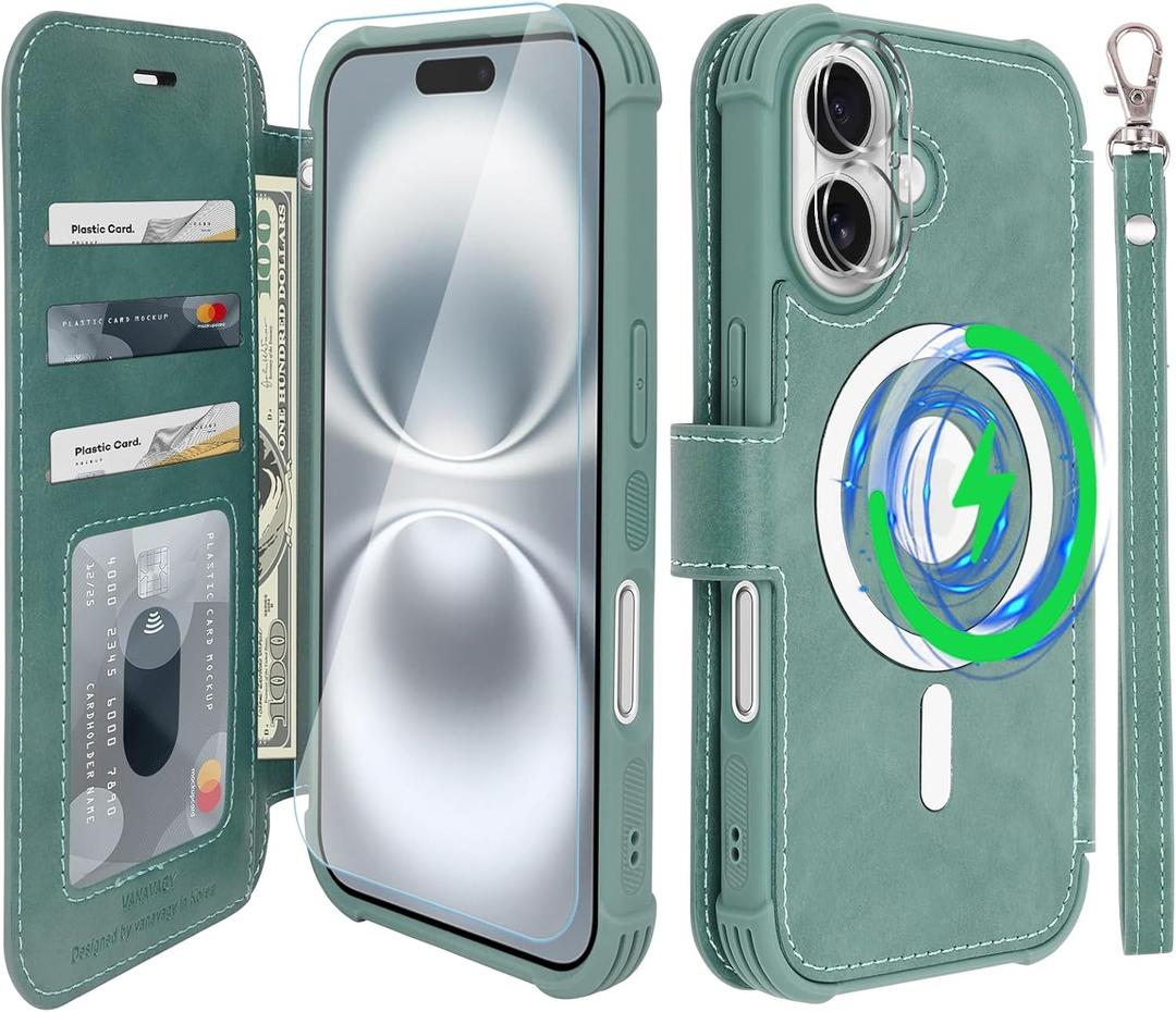 VANAVAGY Compatible for iPhone 16 Wallet Case for Magsafe Wireless Charging, PU Leather Flip Folio Case Strap [Screen Protector & Camera Lens Protector] with RFID Blocking Card Holder, Forest Green