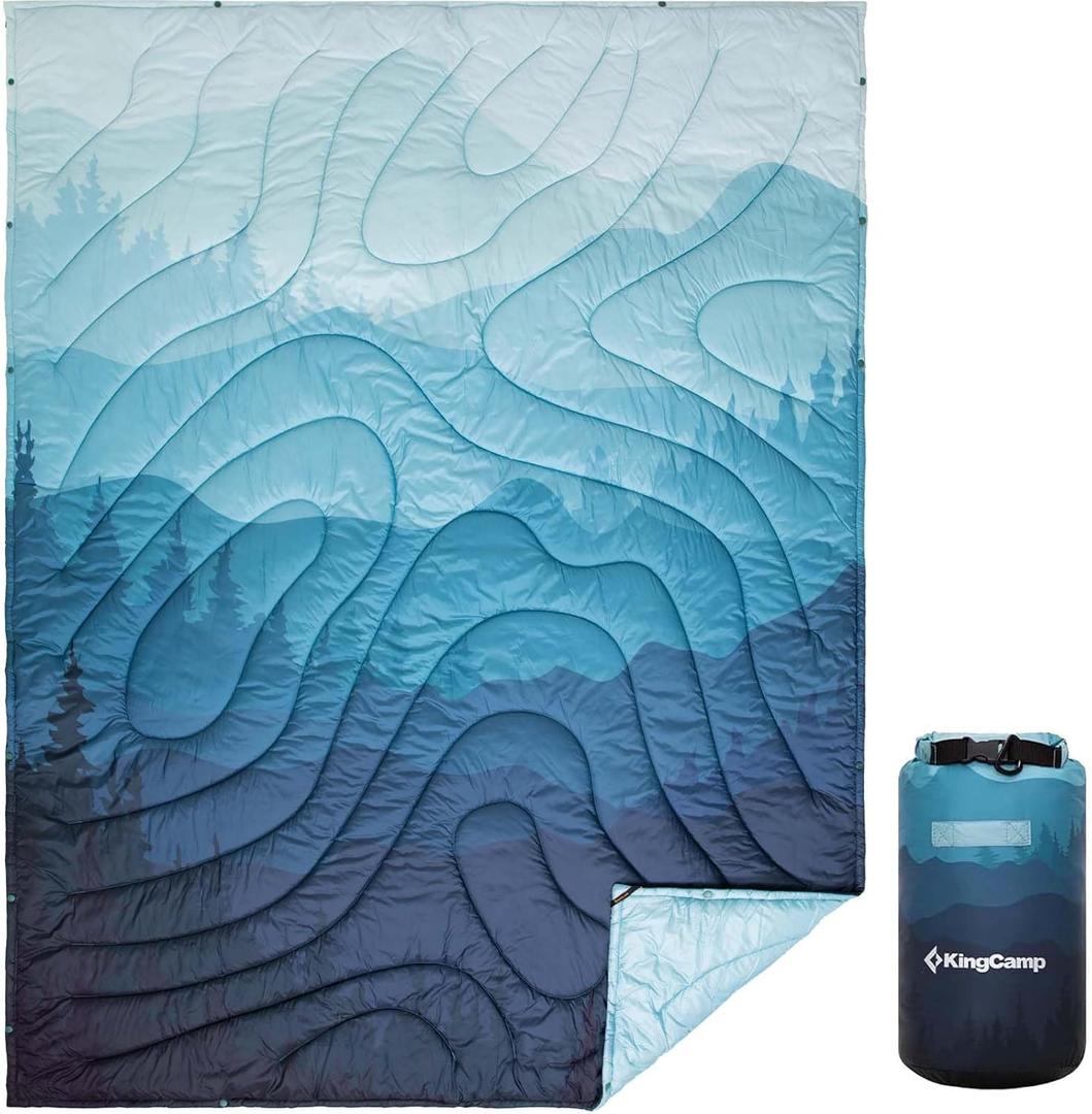 KingCamp Ultralight Camping Blanket, Packable Down Alternative Puffy Printed Wearable Blanket with Snap Buttons & Corner Loops Weatherproof Quilt for Outdoor Travel Stadium (78.7"L x 57.1W, CYAN)