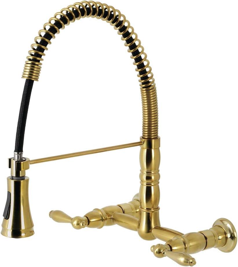 Kingston Brass GS1247AL Heritage Two-Handle Wall-Mount Pull-Down Sprayer Kitchen Faucet, 14.13 x 13.13 x 16, Brushed Brass
