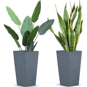 2 Pcs Pack Heavy Duty Plastic Resin 17 Inches Tall Tapered Planter Pots Large Square Planter Flower Pot with Drainage Holes for Indoor Outdoor Deck Porch Garden Home Patio Front Door (Dark grey, S)