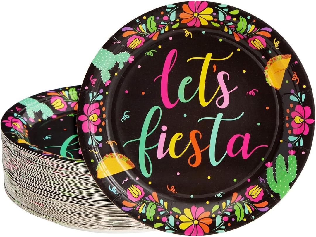 Sparkle and Bash 80 Pack Black Let's Fiesta Paper Plates for Cinco de Mayo Party Decorations, Taco Party, and Baby Shower Decorations (9 Inches)